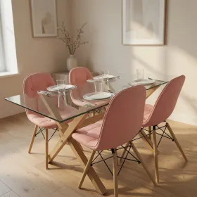 Comedor Mesa Vidrio 140x90cm 4 Sillas Buckle Ecocuero