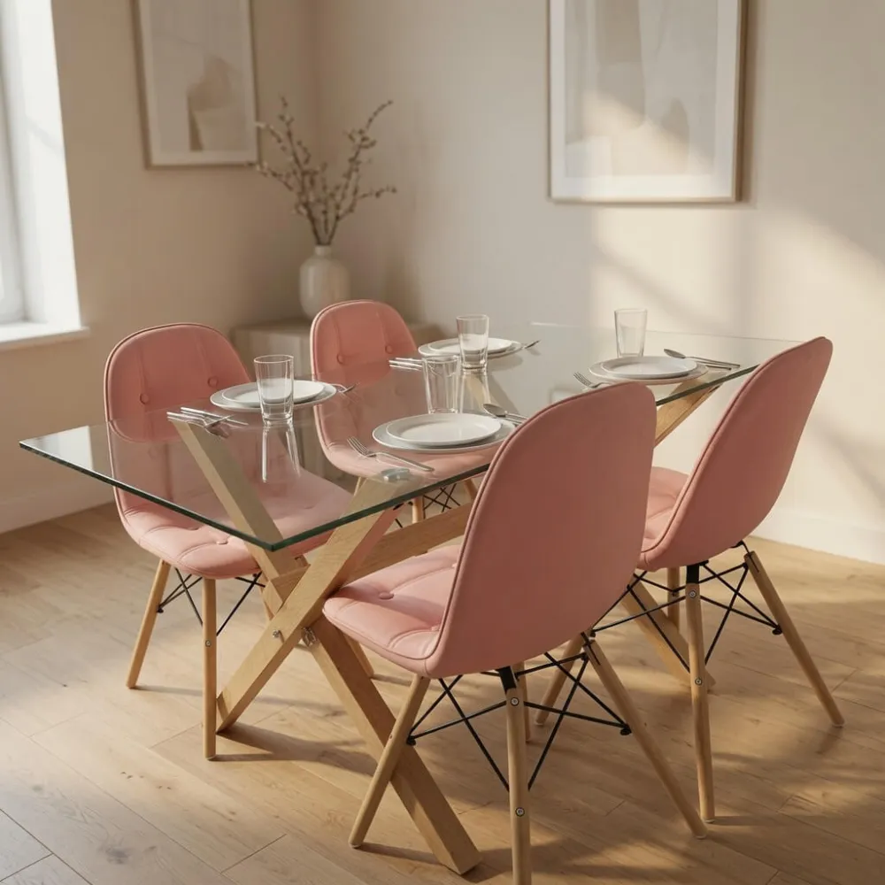 Comedor Mesa Vidrio 140x90cm 4 Sillas Buckle Ecocuero