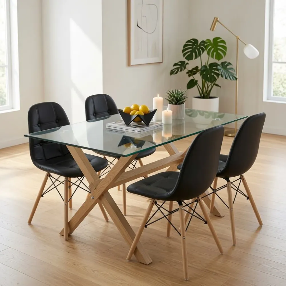 Comedor Mesa Vidrio 140x90cm 4 Sillas Buckle Ecocuero