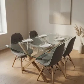 Comedor Mesa Vidrio 140x90cm 4 Sillas Buckle Ecocuero