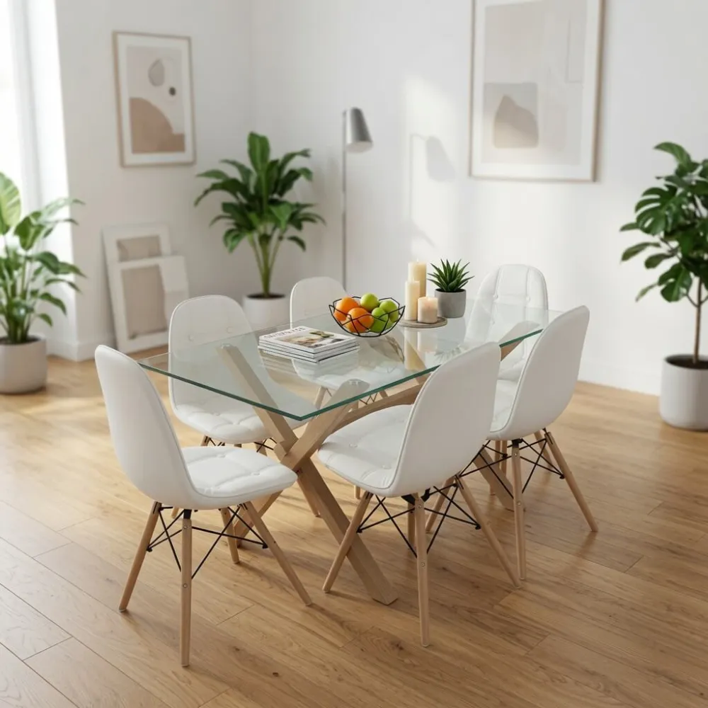 Comedor Mesa Vidrio 140x90cm 6 Sillas Buckle Ecocuero