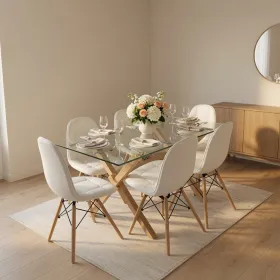 Comedor Mesa Vidrio 140x90cm 6 Sillas Buckle Ecocuero