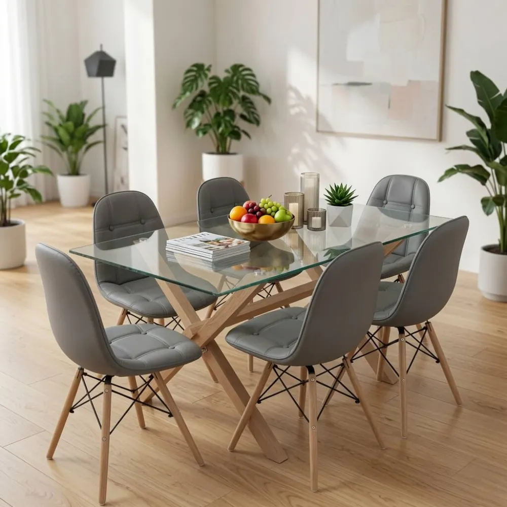 Comedor Mesa Vidrio 140x90cm 6 Sillas Buckle Ecocuero