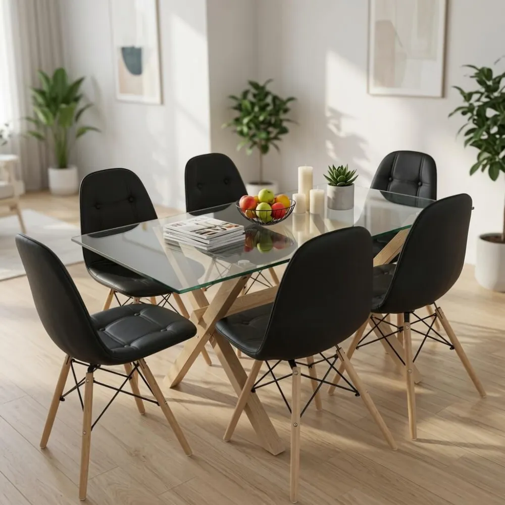 Comedor Mesa Vidrio 140x90cm 6 Sillas Buckle Ecocuero