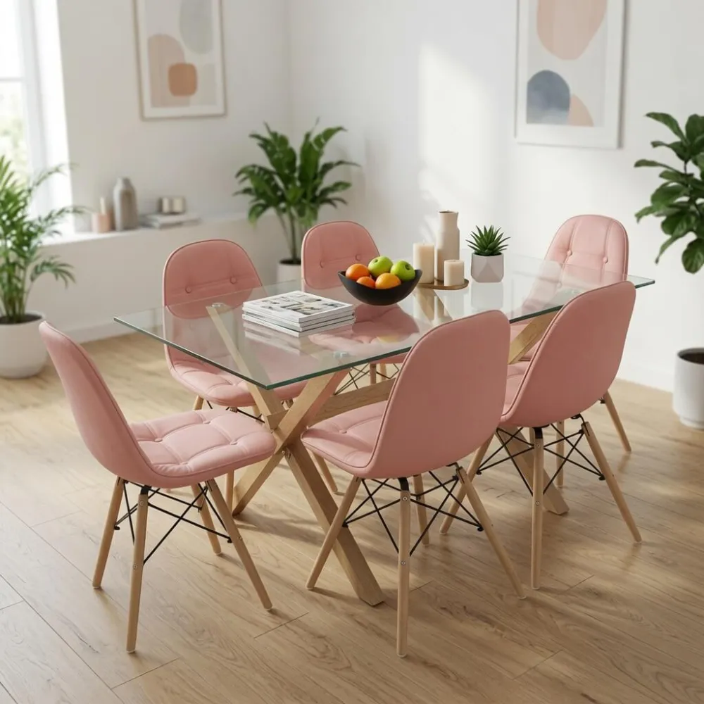 Comedor Mesa Vidrio 140x90cm 6 Sillas Buckle Ecocuero