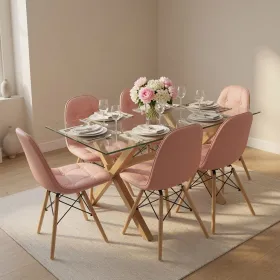 Comedor Mesa Vidrio 140x90cm 6 Sillas Buckle Ecocuero