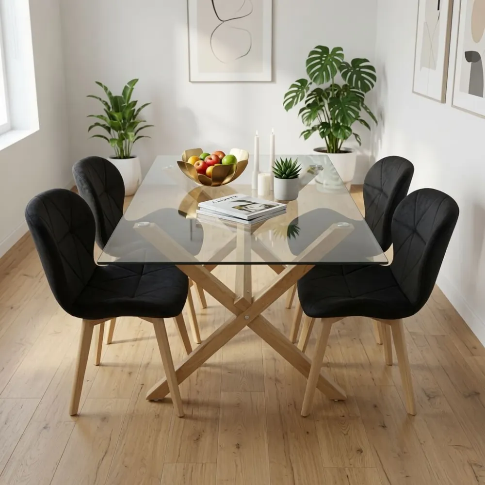 Comedor Mesa Vidrio 140x90cm 4 Sillas Velvet Terciopelo