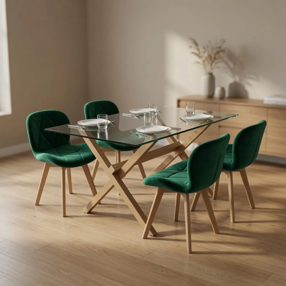 Comedor Mesa Vidrio 140x90cm 4 Sillas Velvet Terciopelo