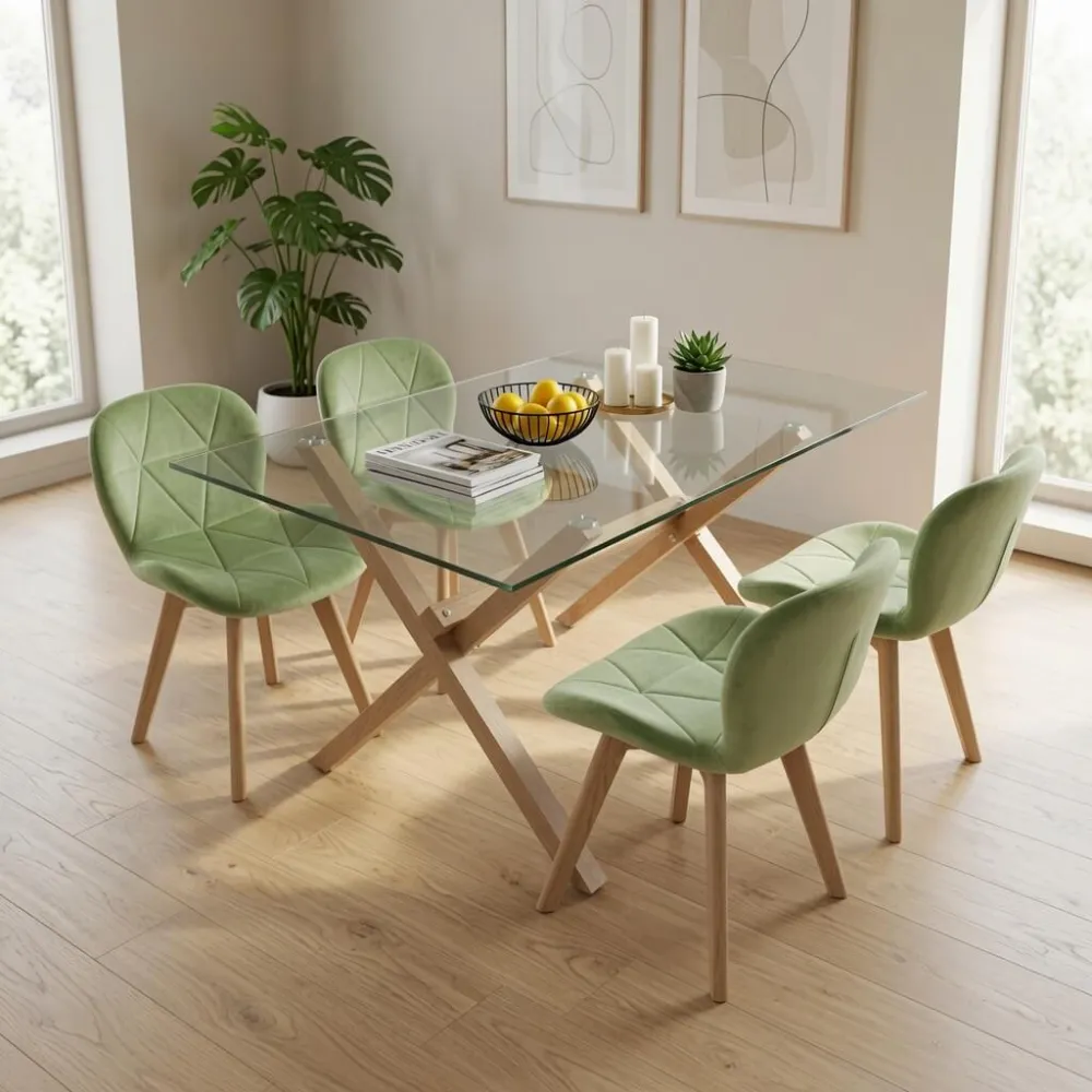 Comedor Mesa Vidrio 140x90cm 4 Sillas Velvet Terciopelo