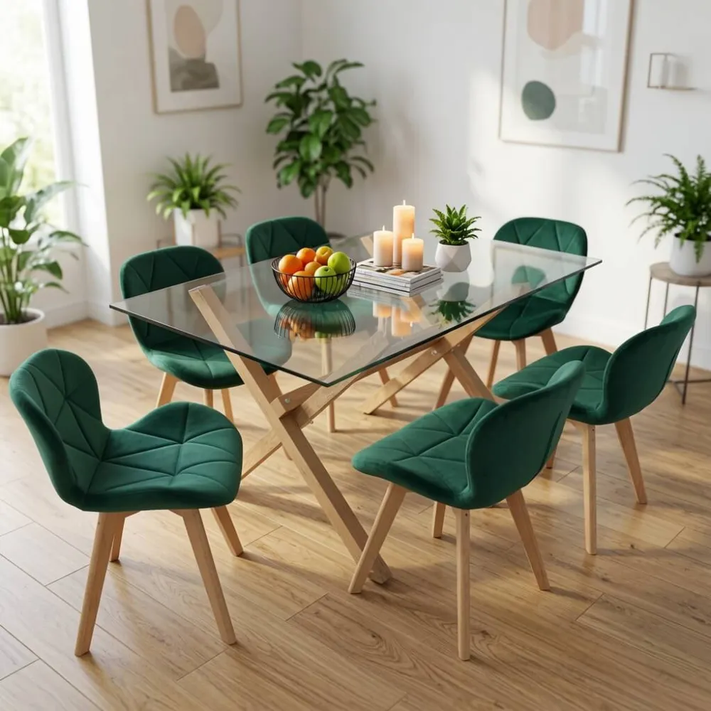 Comedor Mesa Vidrio 140x90cm 6 Sillas Velvet Terciopelo