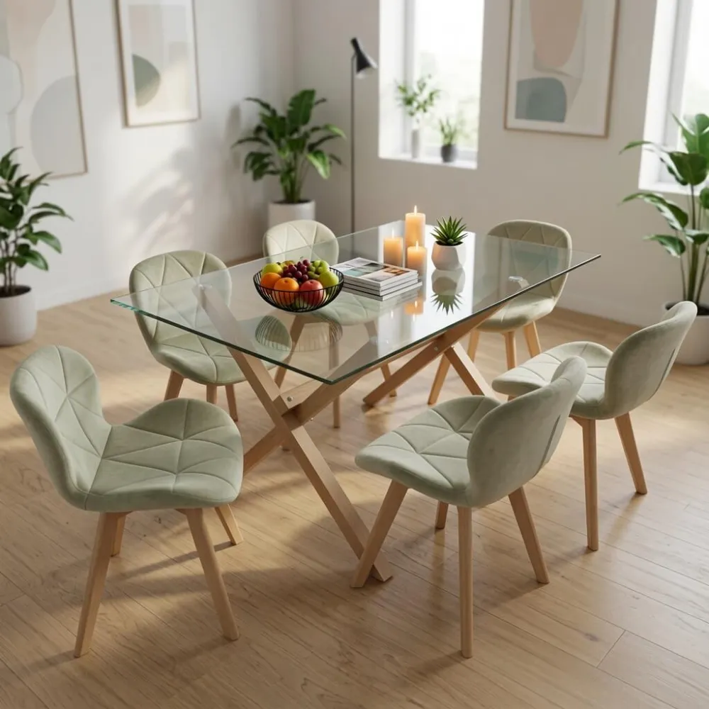 Comedor Mesa Vidrio 140x90cm 6 Sillas Velvet Terciopelo