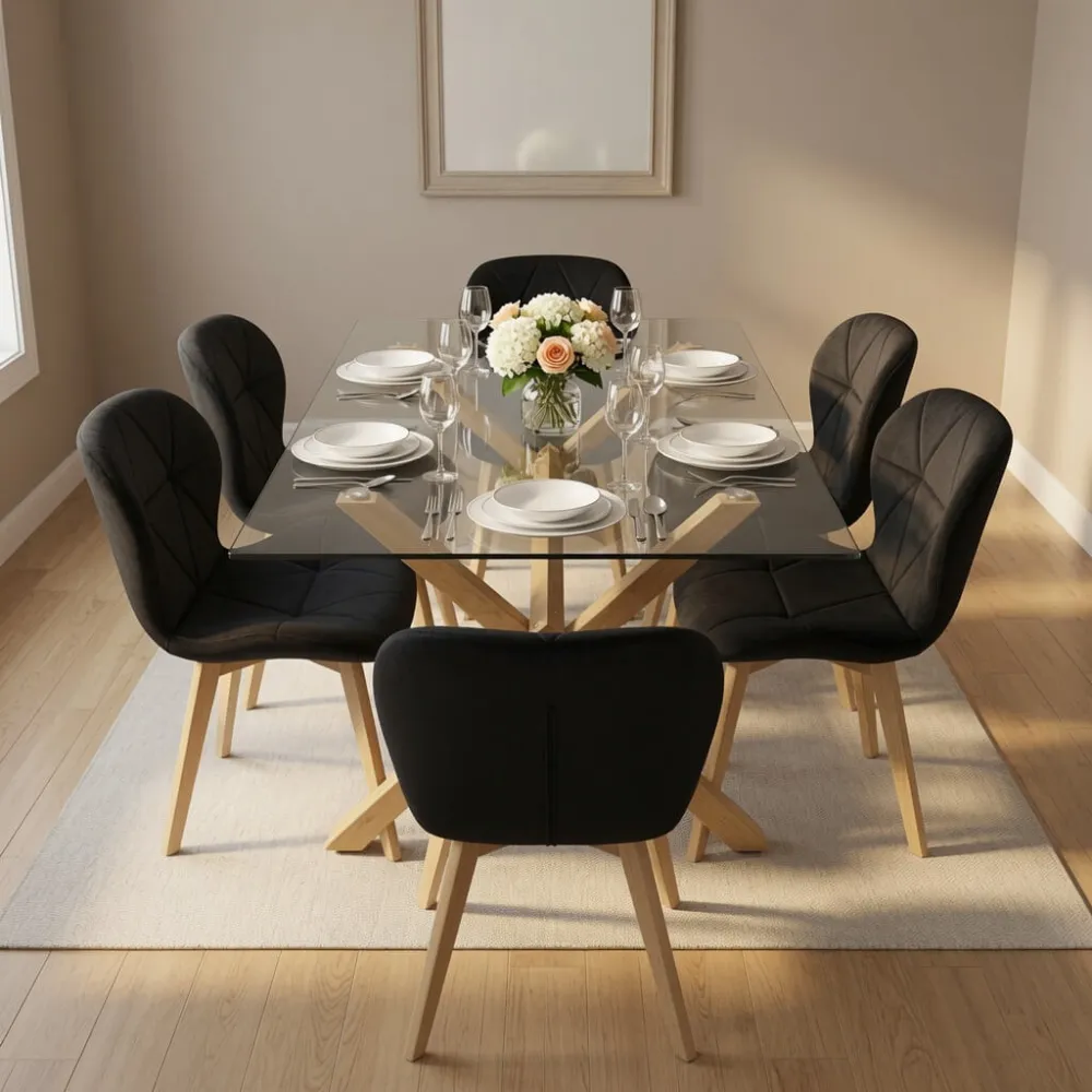 Comedor Mesa Vidrio 140x90cm 6 Sillas Velvet Terciopelo
