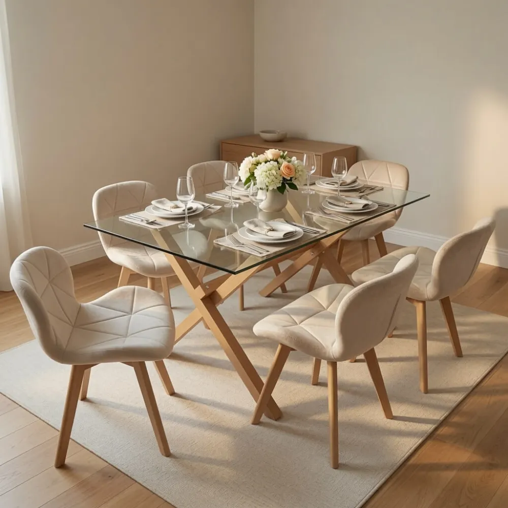 Comedor Mesa Vidrio 140x90cm 6 Sillas Velvet Terciopelo