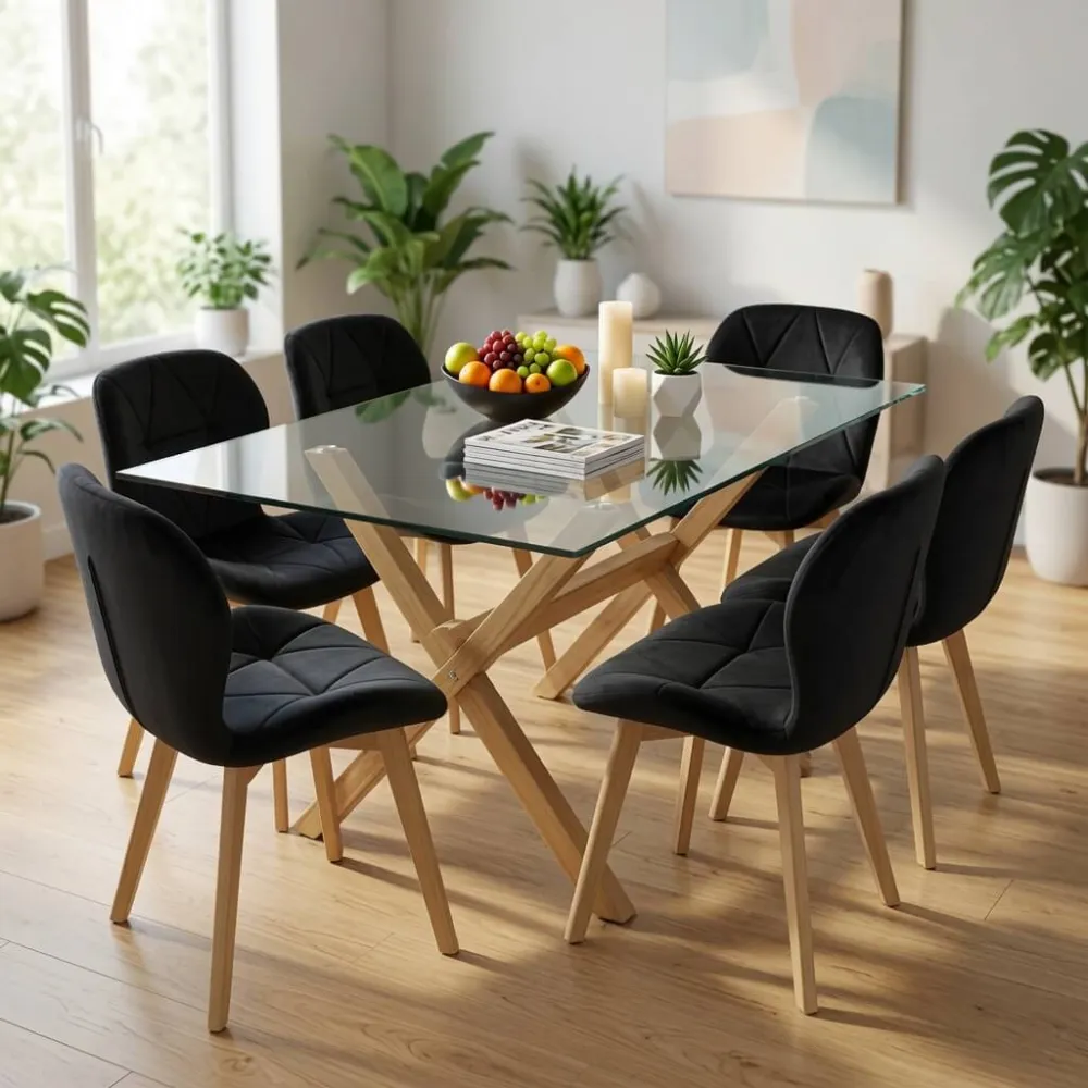 Comedor Mesa Vidrio 140x90cm 6 Sillas Velvet Terciopelo