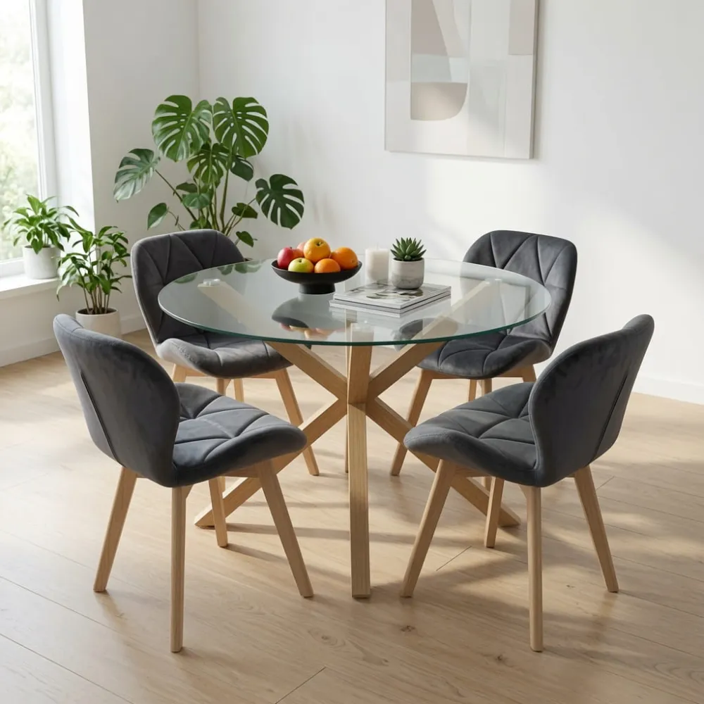 Comedor Mesa Vidrio 100cm 4 Sillas Velvet Felpa