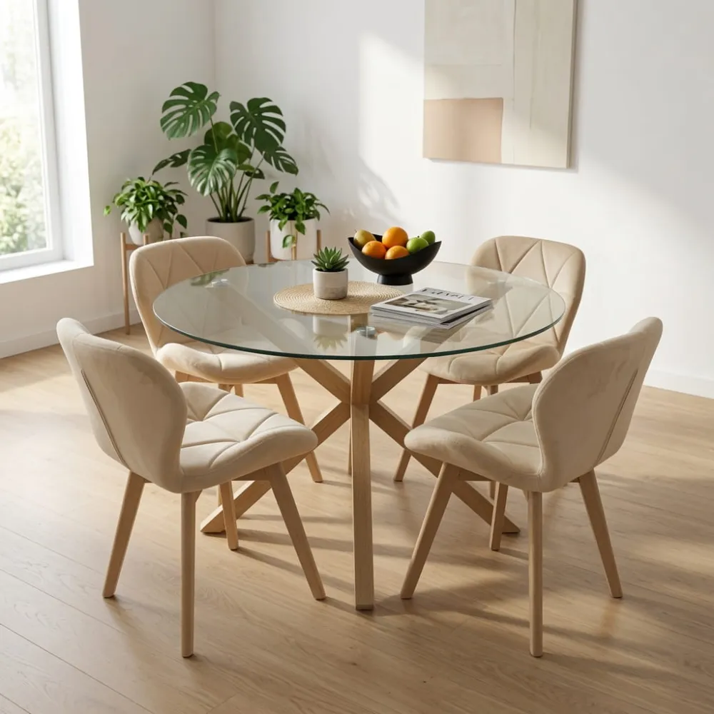 Comedor Mesa Vidrio 100cm 4 Sillas Velvet Felpa