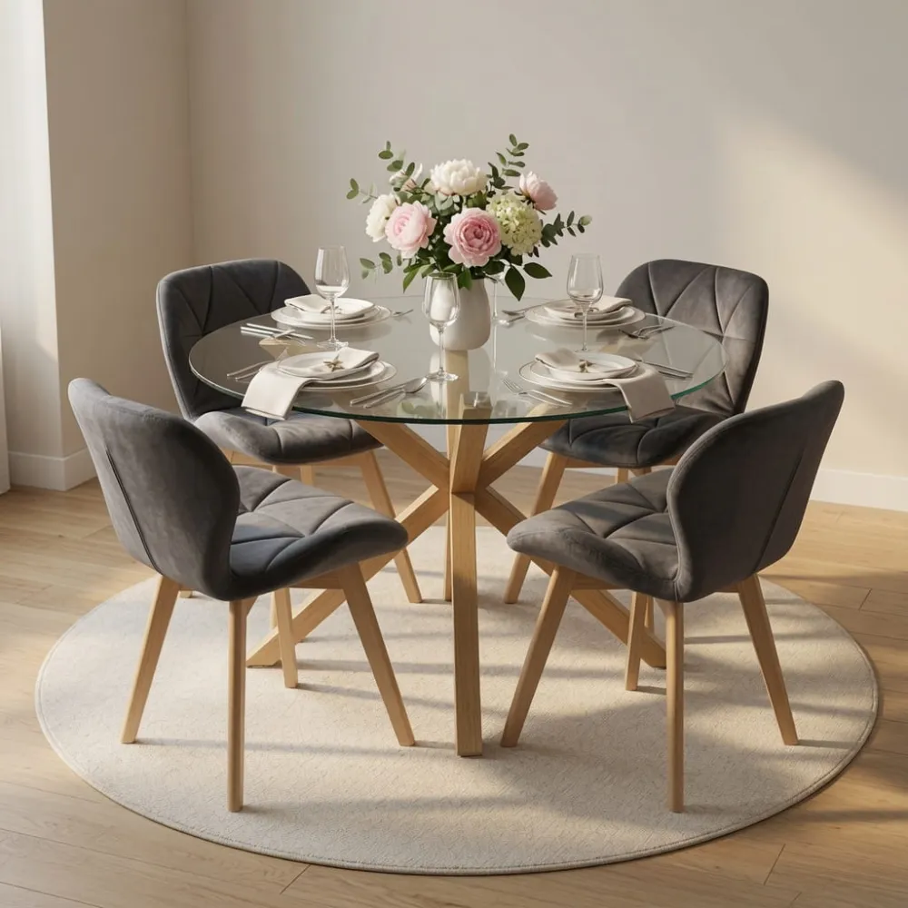 Comedor Mesa Vidrio 100cm 4 Sillas Velvet Felpa