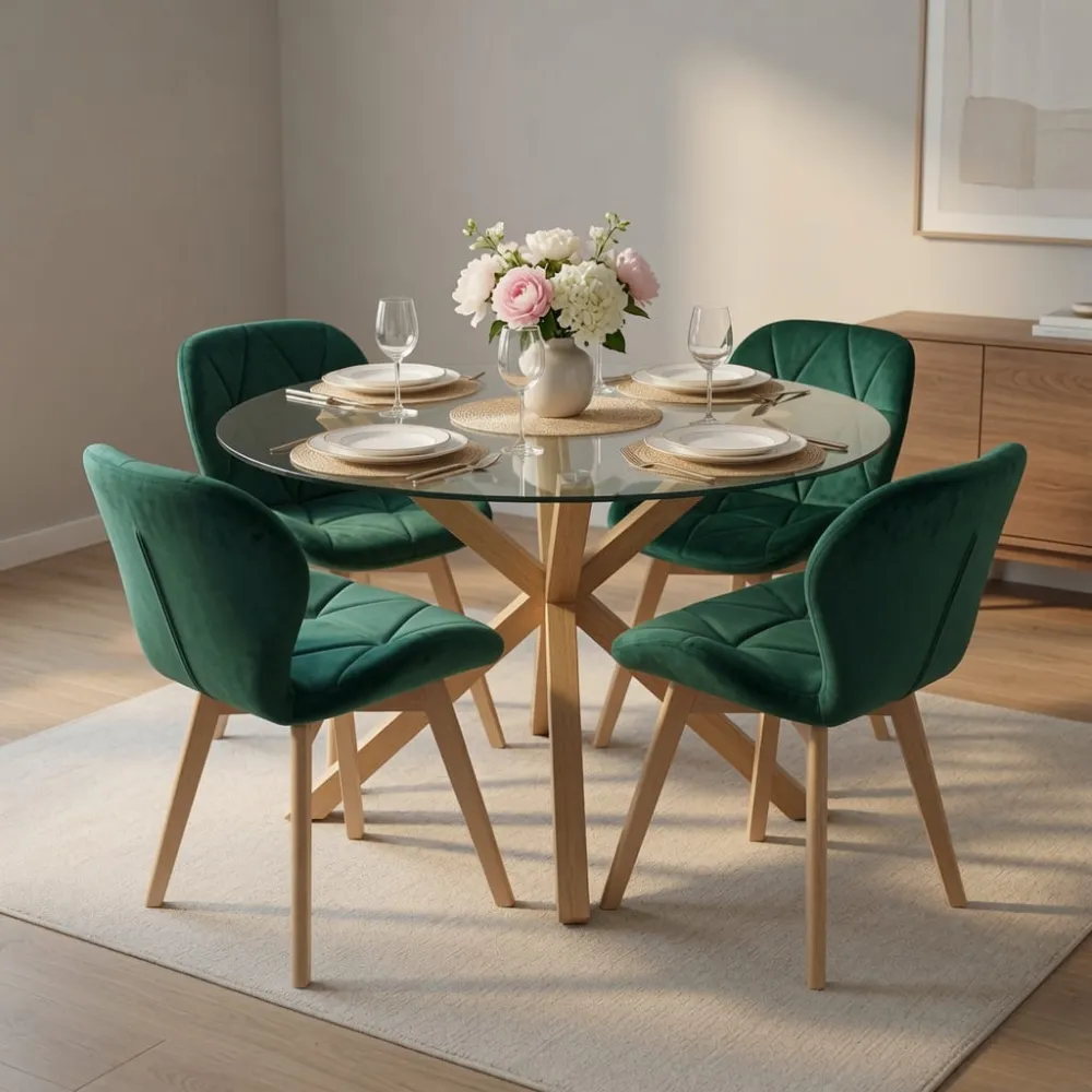 Comedor Mesa Vidrio 100cm 4 Sillas Velvet Felpa