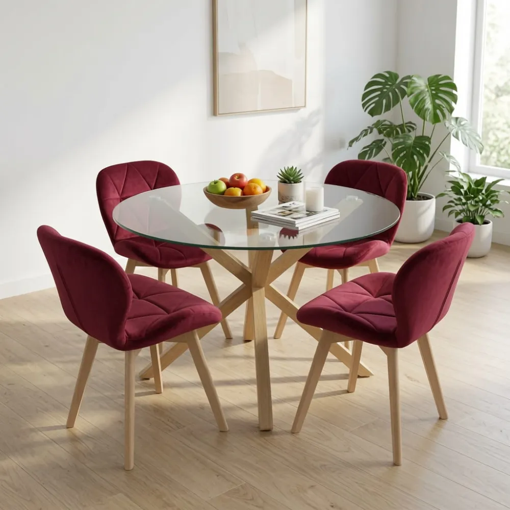 Comedor Mesa Vidrio 100cm 4 Sillas Velvet Felpa