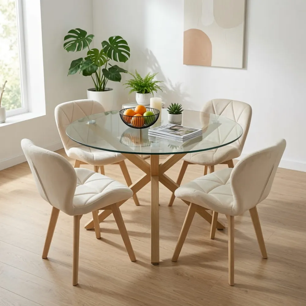 Comedor Mesa Vidrio 100cm 4 Sillas Velvet Felpa