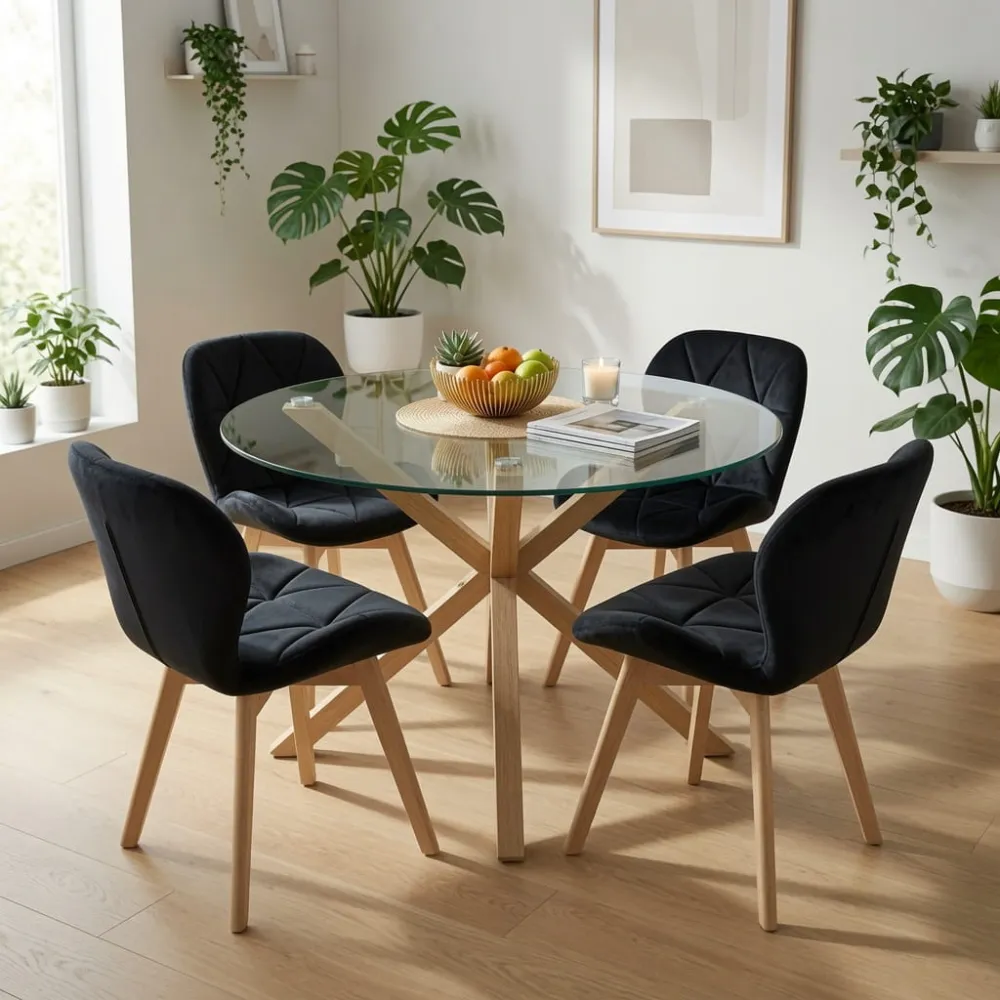 Comedor Mesa Vidrio 100cm 4 Sillas Velvet Felpa
