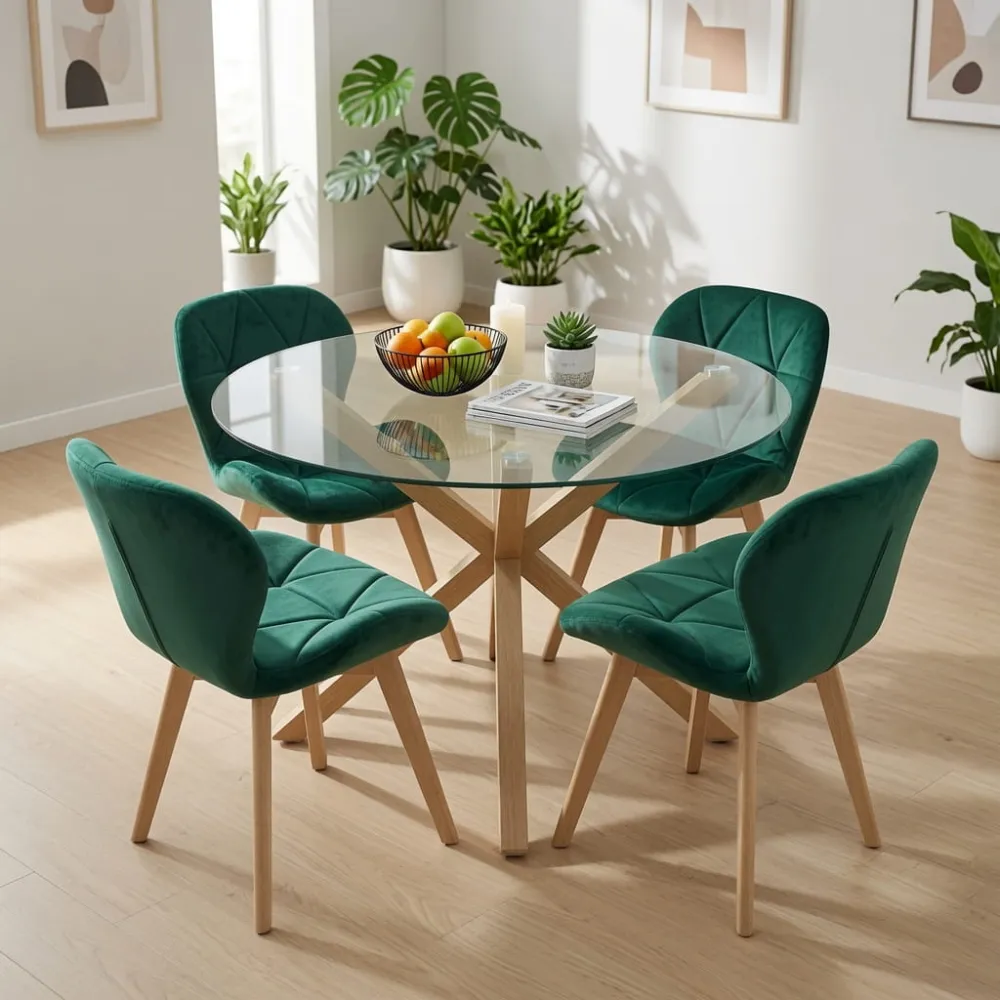 Comedor Mesa Vidrio 100cm 4 Sillas Velvet Felpa