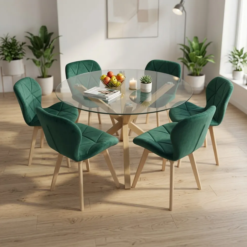 Comedor Mesa Vidrio 120cm 6 Sillas Velvet Felpa