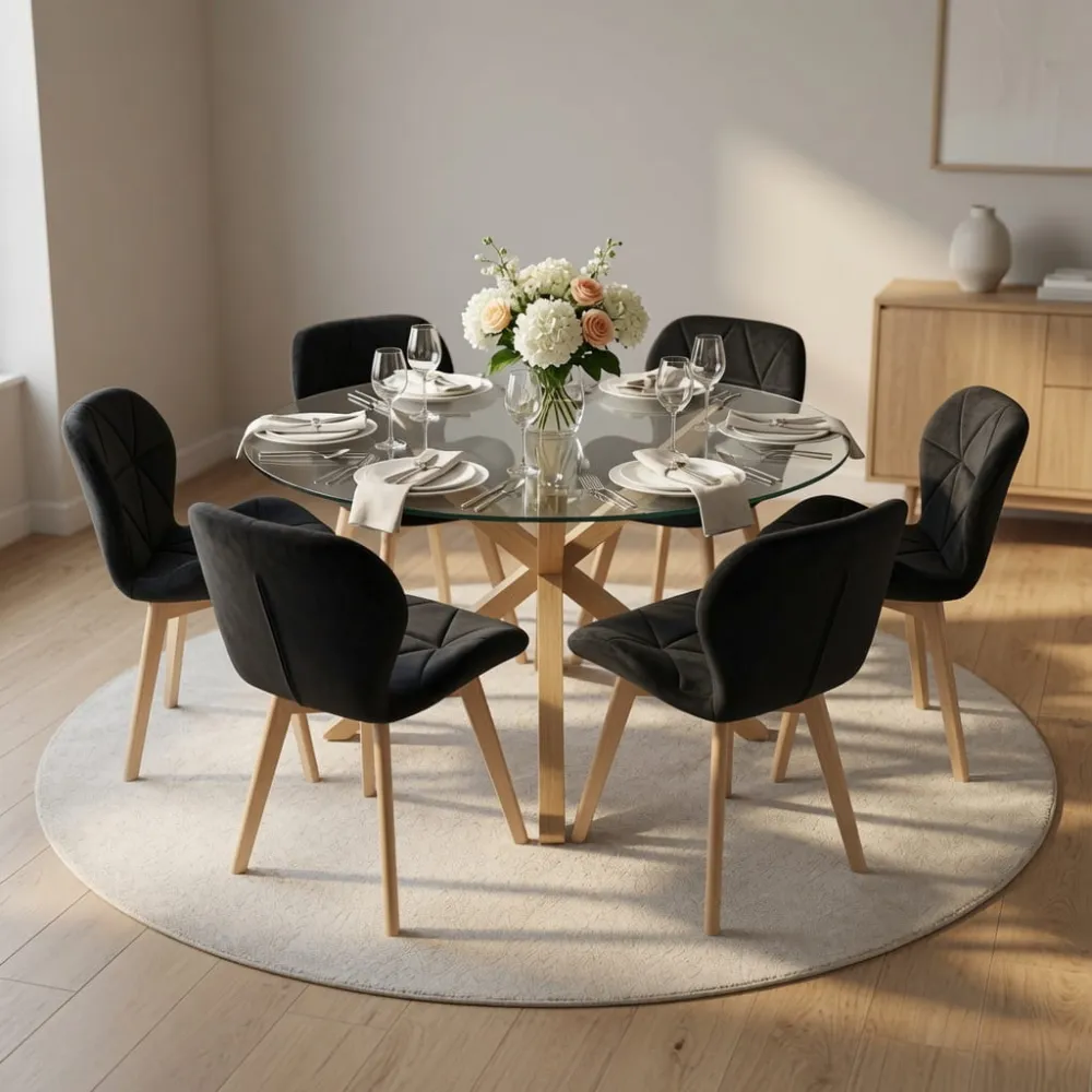 Comedor Mesa Vidrio 120cm 6 Sillas Velvet Felpa