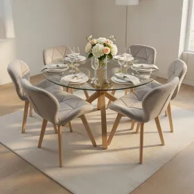Comedor Mesa Vidrio 120cm 6 Sillas Velvet Felpa