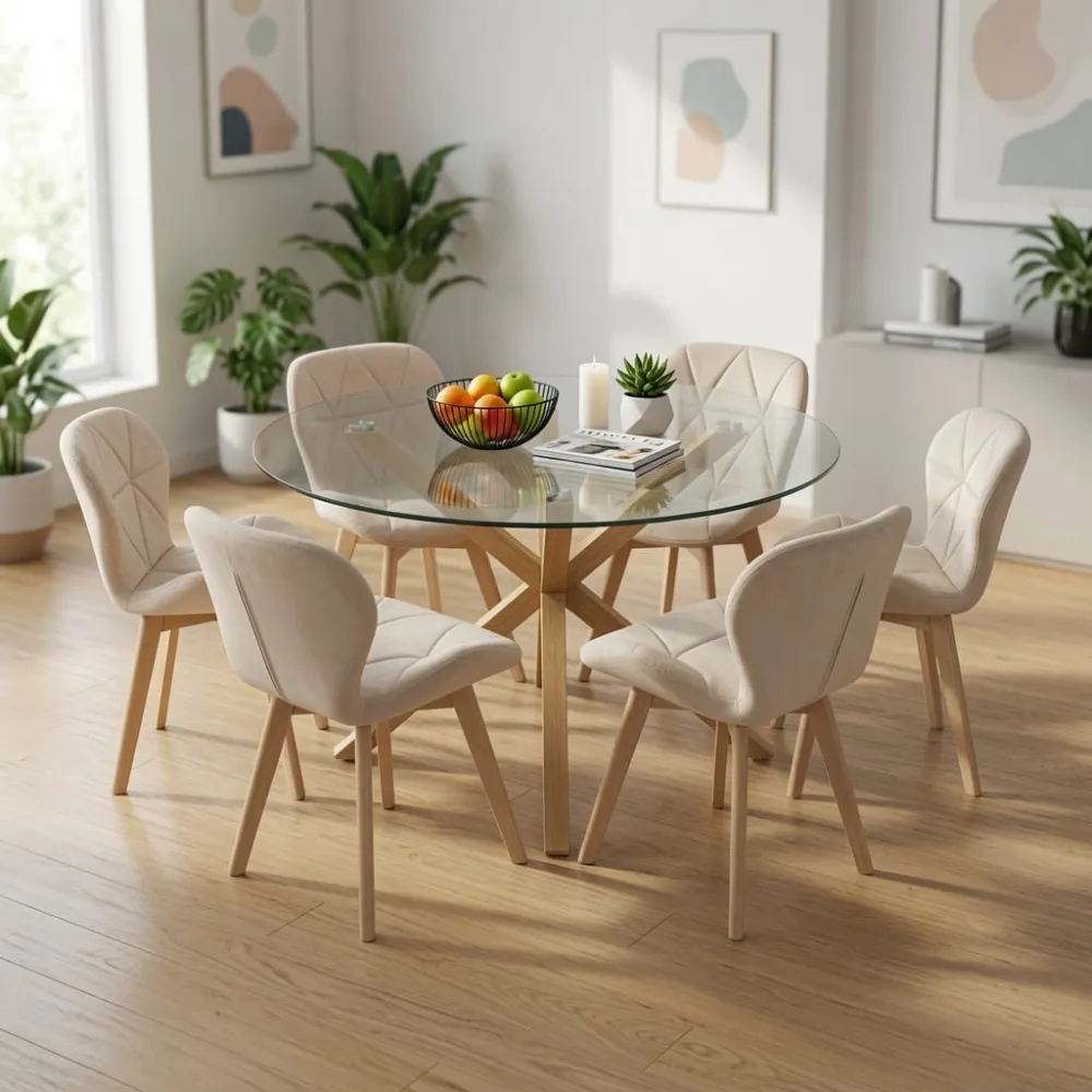 Comedor Mesa Vidrio 120cm 6 Sillas Velvet Felpa
