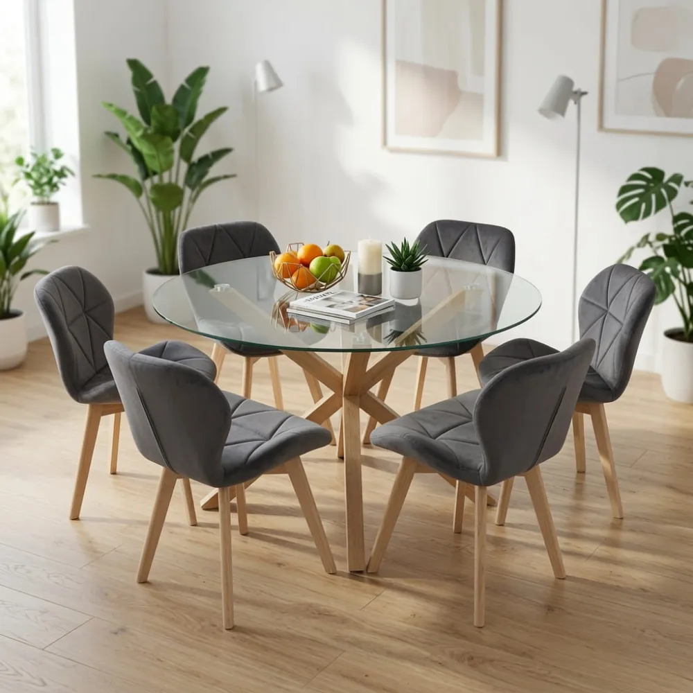 Comedor Mesa Vidrio 120cm 6 Sillas Velvet Felpa