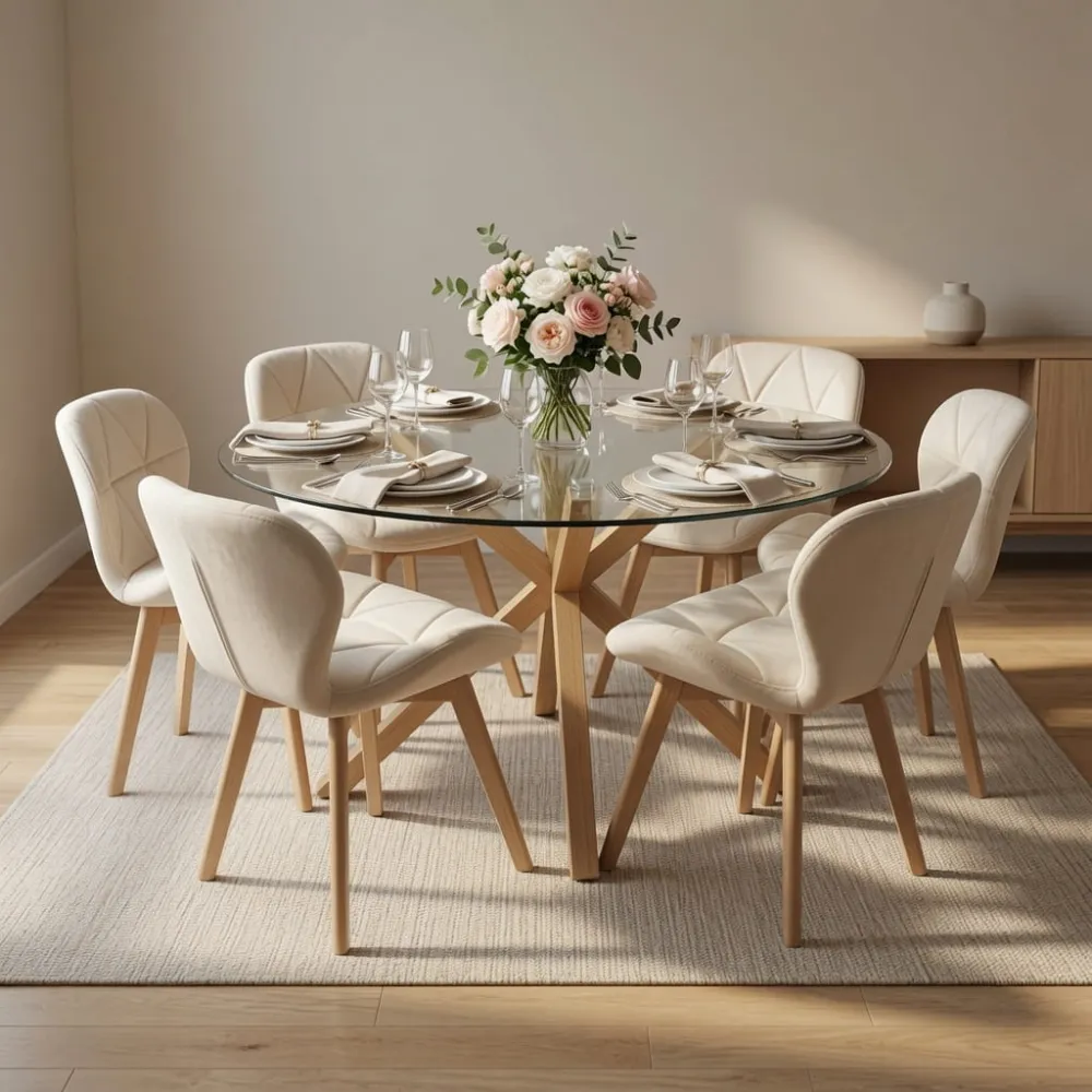 Comedor Mesa Vidrio 120cm 6 Sillas Velvet Felpa