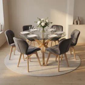 Comedor Mesa Vidrio 120cm 6 Sillas Velvet Felpa
