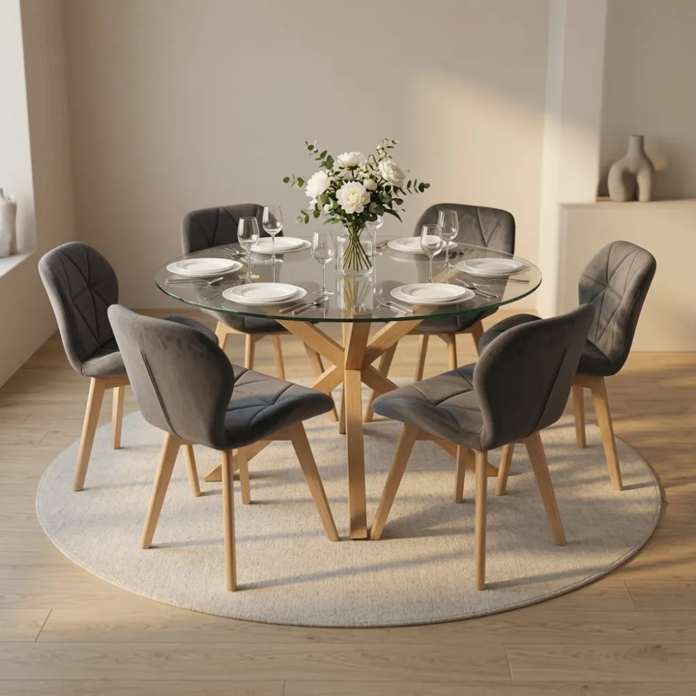 Comedor Mesa Vidrio 120cm 6 Sillas Velvet Felpa