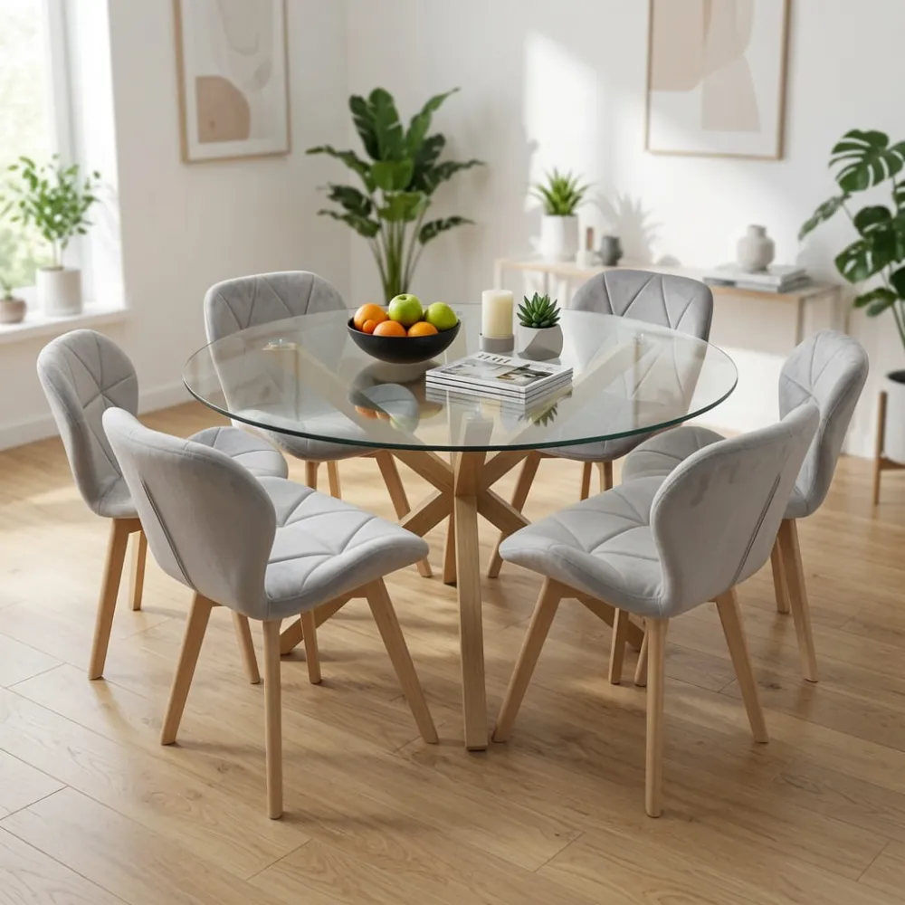 Comedor Mesa Vidrio 120cm 6 Sillas Velvet Felpa