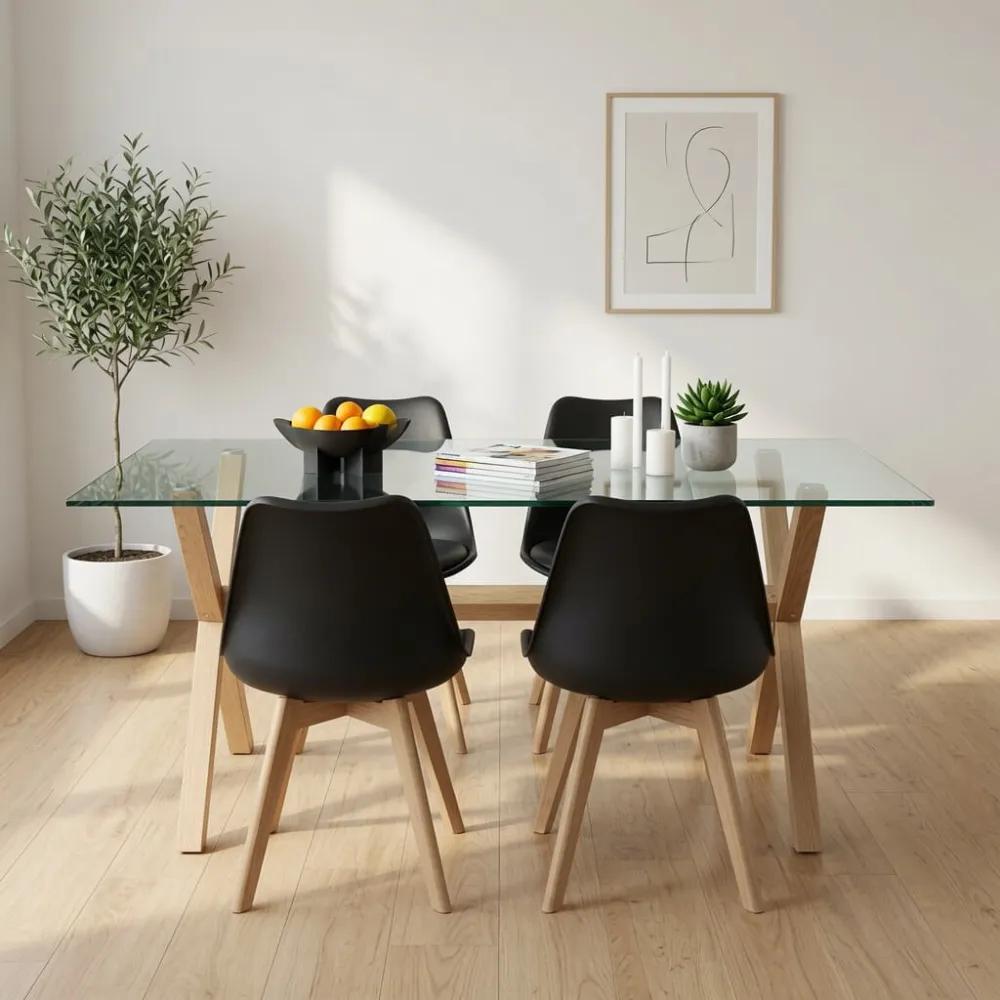Comedor Mesa Vidrio 140x90cm 4 Sillas Tulip Acolchada