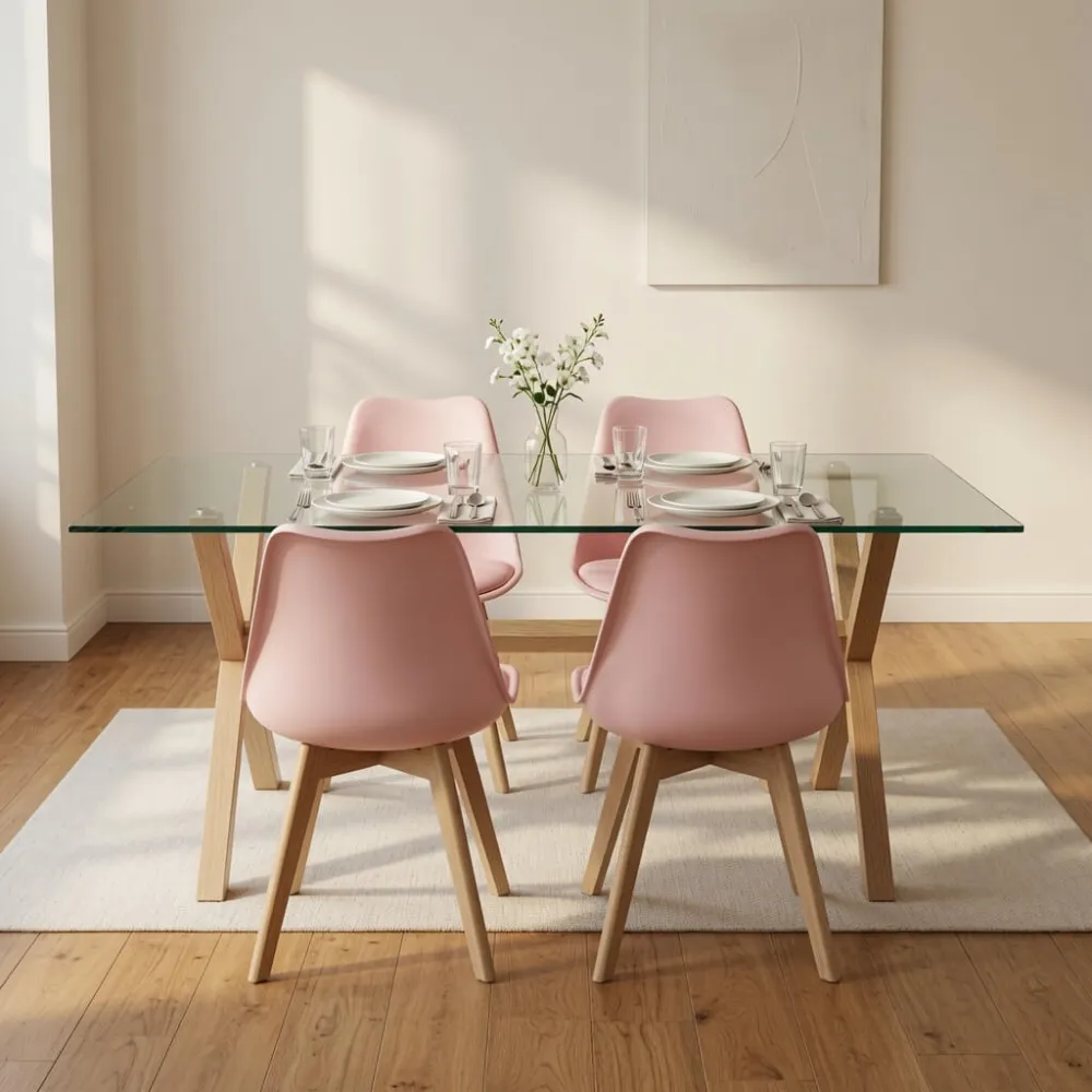 Comedor Mesa Vidrio 140x90cm 4 Sillas Tulip Acolchada