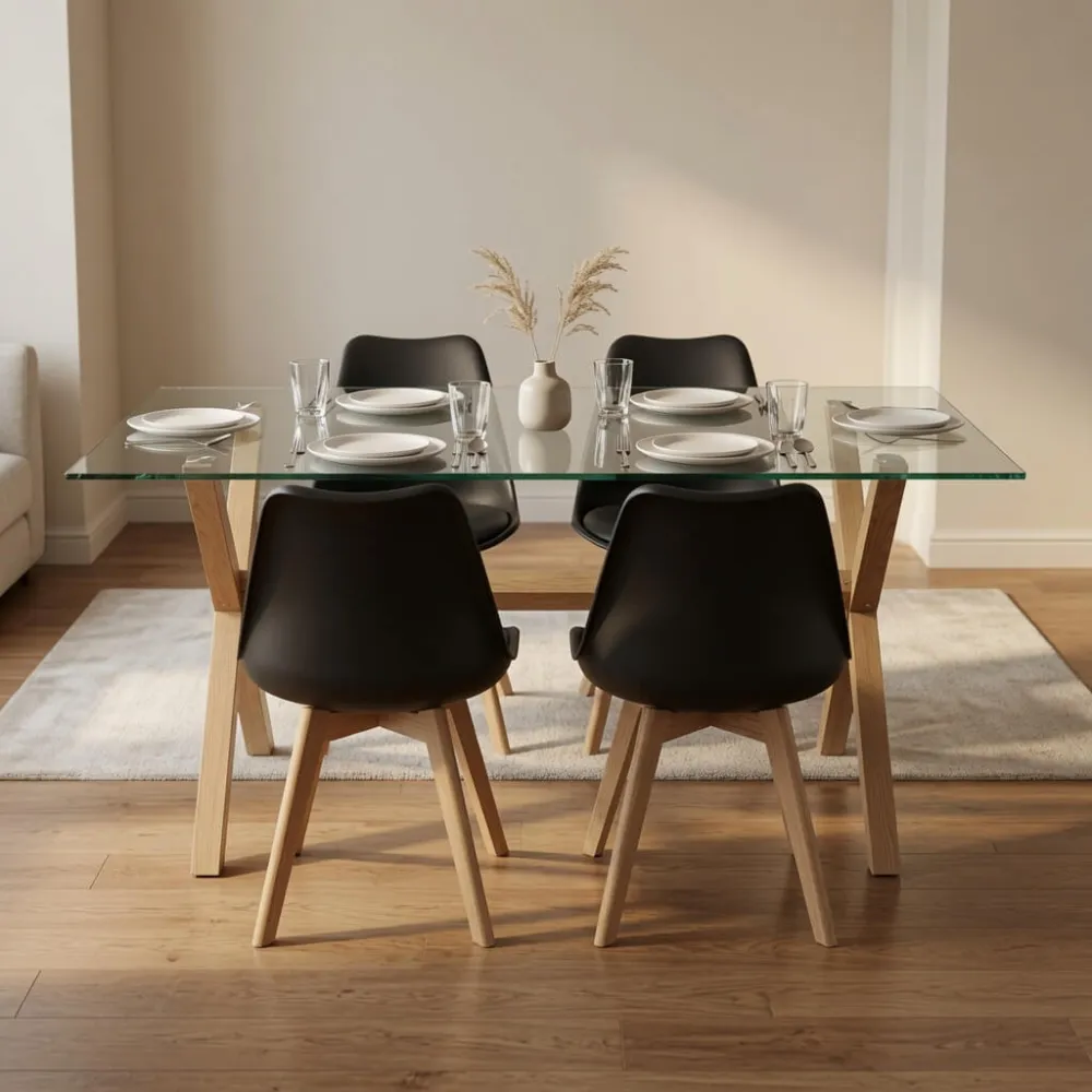 Comedor Mesa Vidrio 140x90cm 4 Sillas Tulip Acolchada