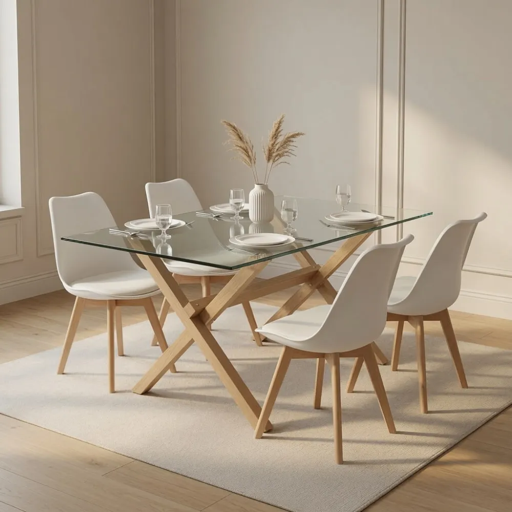 Comedor Mesa Vidrio 140x90cm 4 Sillas Tulip Acolchada