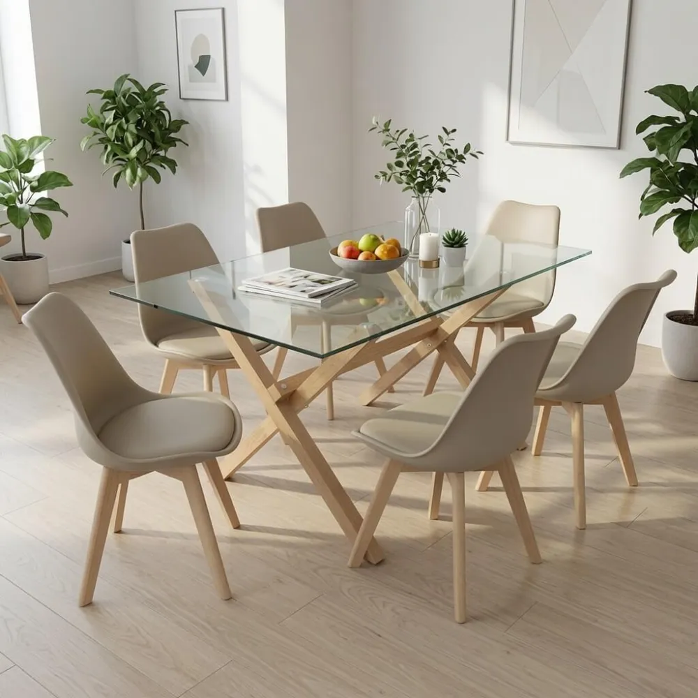 Juego de Comedor Mesa Vidrio 140x90cm 6 Sillas Tulip Acolchada · Comedor Humboldt