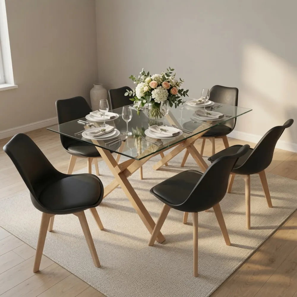 Juego de Comedor Mesa Vidrio 140x90cm 6 Sillas Tulip Acolchada · Comedor Humboldt