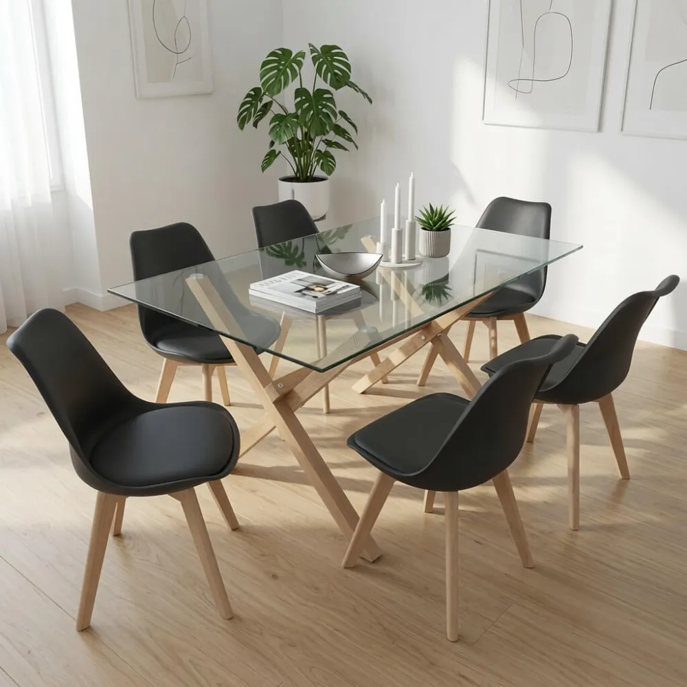 Juego de Comedor Mesa Vidrio 140x90cm 6 Sillas Tulip Acolchada · Comedor Humboldt