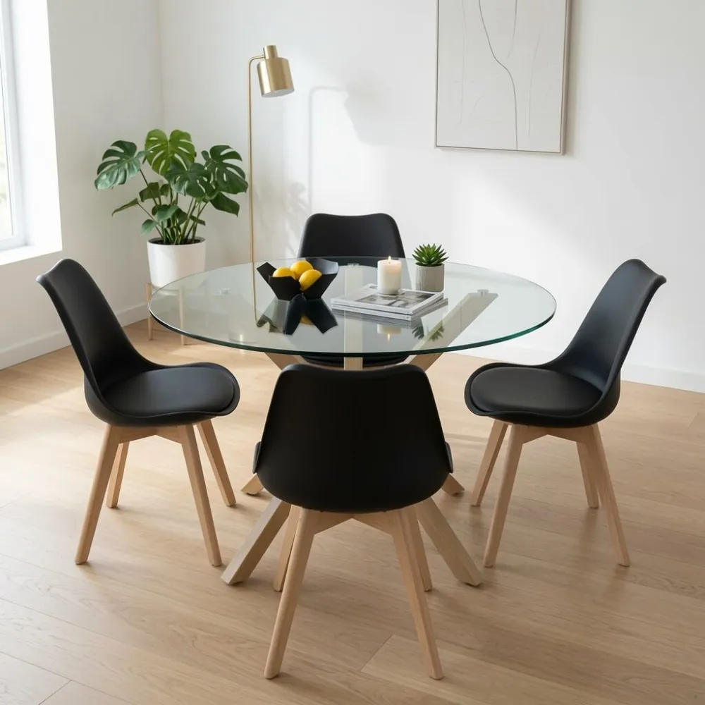 Comedor Mesa Vidrio 100cm 4 Sillas Tulip Acolchada