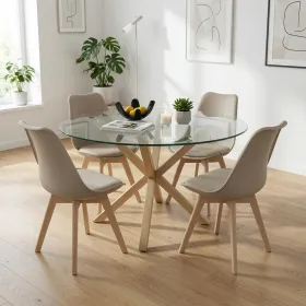 Comedor Mesa Vidrio 100cm 4 Sillas Tulip Acolchada