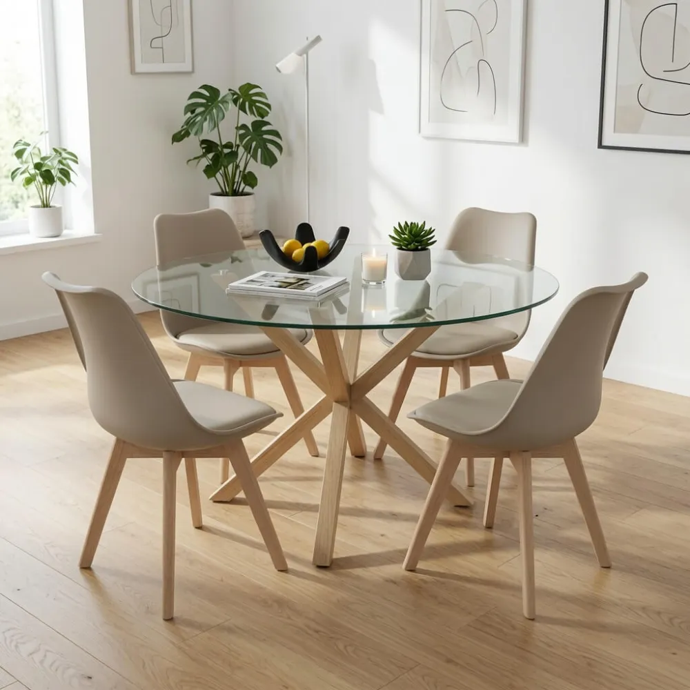 Comedor Mesa Vidrio 100cm 4 Sillas Tulip Acolchada
