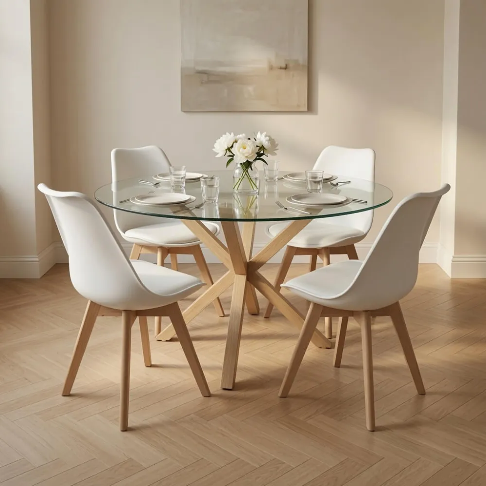 Comedor Mesa Vidrio 100cm 4 Sillas Tulip Acolchada