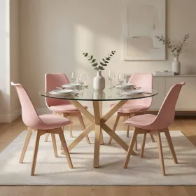 Comedor Mesa Vidrio 100cm 4 Sillas Tulip Acolchada