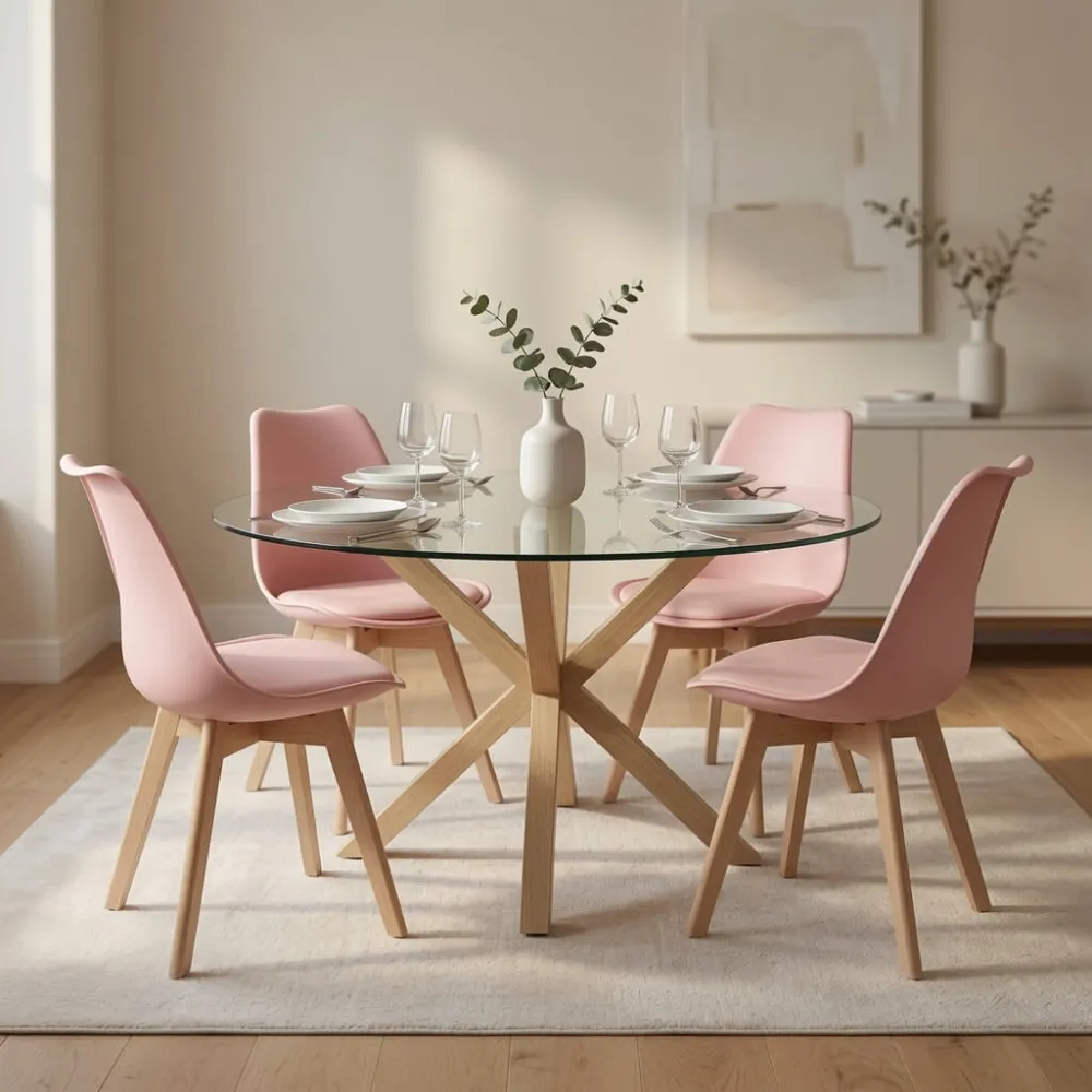 Comedor Mesa Vidrio 100cm 4 Sillas Tulip Acolchada
