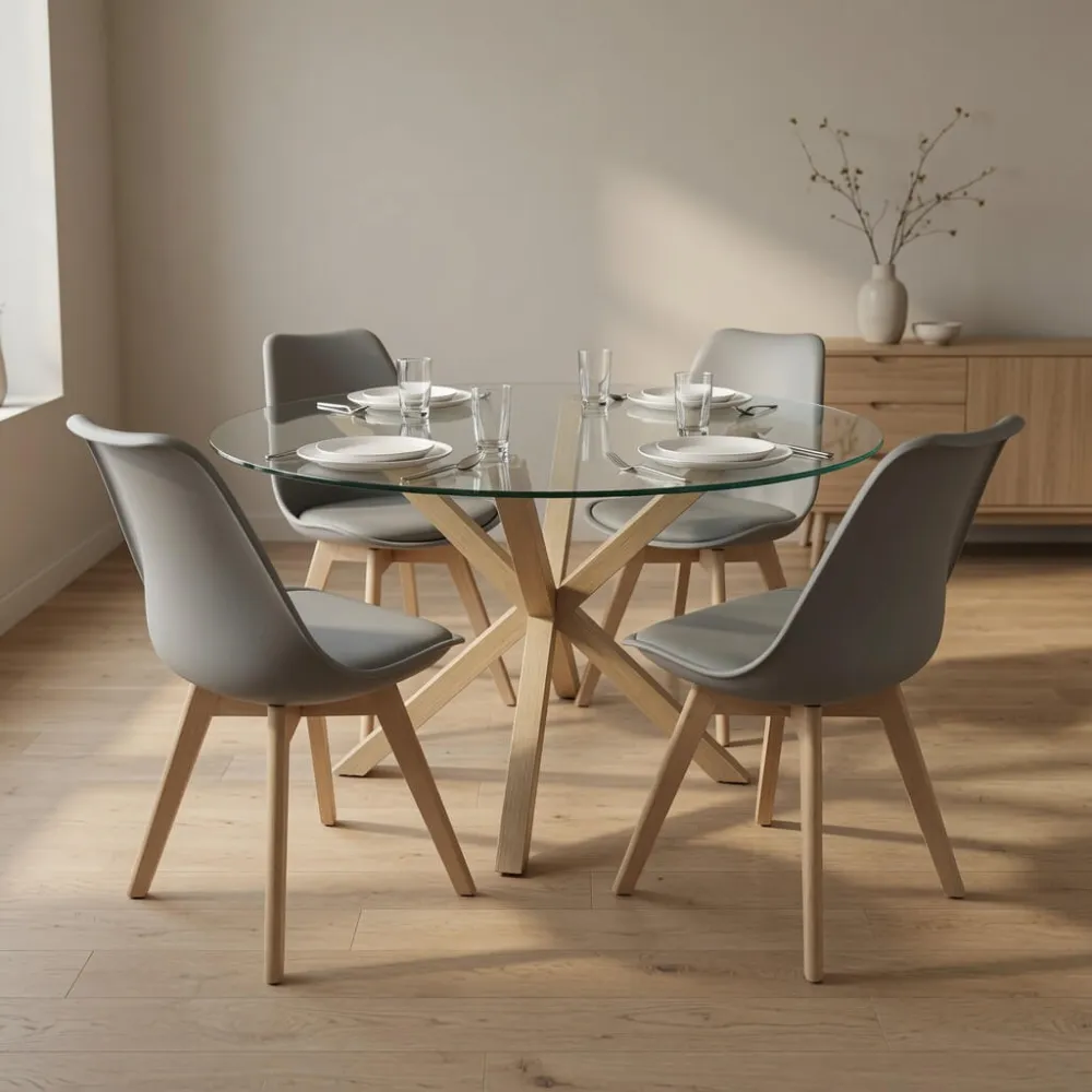 Comedor Mesa Vidrio 100cm 4 Sillas Tulip Acolchada