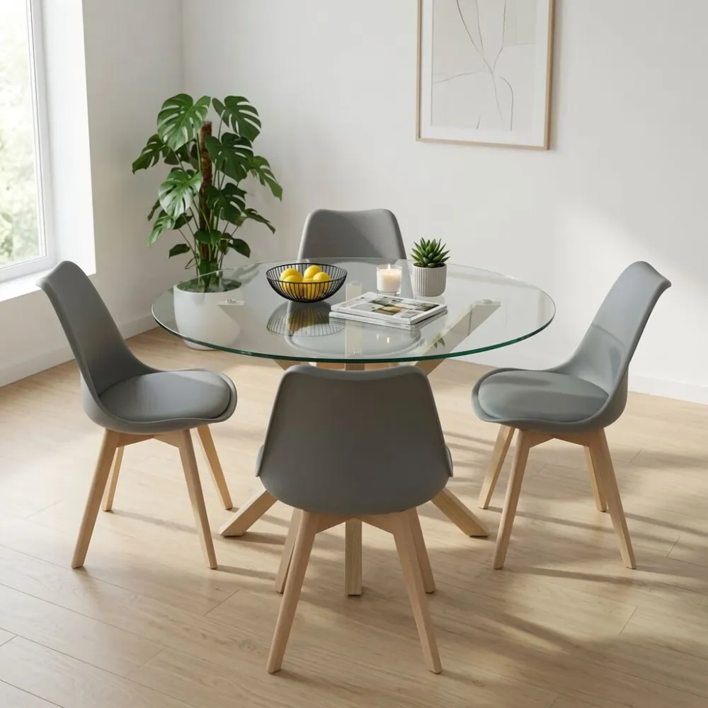 Comedor Mesa Vidrio 100cm 4 Sillas Tulip Acolchada